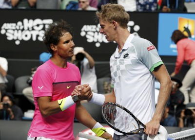 Nadal of Spain shakes hands with Anderson of South Africa after winning their men's singles match at the Australian Open 2015 tennis tournament in Melbourne